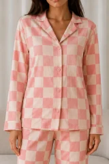 Kadın Desenli Basic Kış Pembe Pijama Takımı