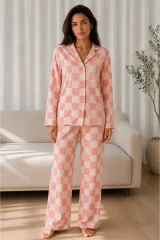 Kadın Desenli Basic Kış Pembe Pijama Takımı