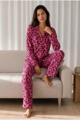 Kadın Desenli Basic Kış Lila Pijama Takımı