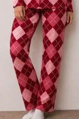 Kadın Düğmeli Kışlık Ev Kırmızı Pijama Takımı