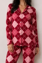 Kadın Düğmeli Kışlık Ev Kırmızı Pijama Takımı