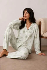 Kadın Düğmeli Kışlık Ev Çağla Yeşili Pijama Takımı