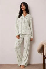 Kadın Düğmeli Kışlık Ev Çağla Yeşili Pijama Takımı