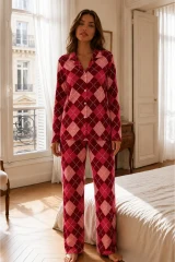 Kadın Relax Fit Düğme Kırmızı Pijama Takımı
