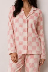Kadın Düğmeli Kışlık Ev Pembe Pijama Takımı