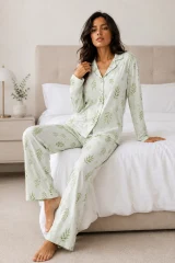 Kadın Uzun Kol Pamuklu Çağla Yeşili Pijama Takımı