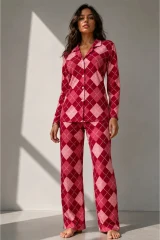Kadın Uzun Kol Pamuklu Kırmızı Pijama Takımı