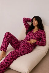 Kadın Düğmeli Kışlık Ev Lila Pijama Takımı