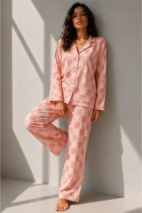 Kadın Uzun Kol Pamuklu Pembe Pijama Takımı
