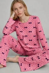 Kadın Desenli Nefes Alan Pembe Pijama Takımı 4694