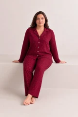 Kadın Rahat Puantiyeli Düğmeli Kırmızı Pijama Takımı 824