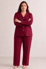 Kadın Rahat Puantiyeli Düğmeli Kırmızı Pijama Takımı 824