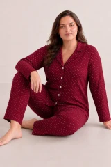 Kadın Rahat Puantiyeli Düğmeli Kırmızı Pijama Takımı 824