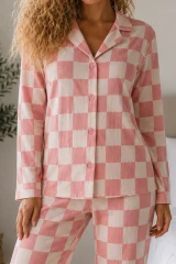 Kadın Örme Gömlek Yaka Pembe Pijama Takımı