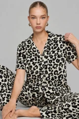 Kadın Kısa Kol Comfort Leopar Pijama Takımı 4737 Siyah