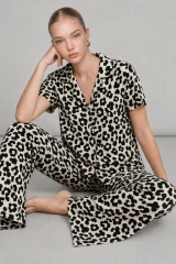 Kadın Kısa Kol Comfort Leopar Pijama Takımı 4737 Siyah