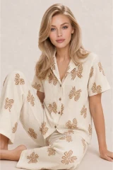 Kadın Kısa Kol Desenli Ekru Pijama Takımı 4739