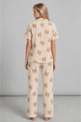 Kadın Kısa Kol Desenli Ekru Pijama Takımı 4739