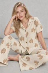 Kadın Kısa Kol Desenli Ekru Pijama Takımı 4739