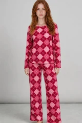 Kadın Çizgili Regular Fit Kırmızı Pijama Takımı 4766