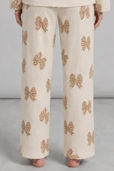 Kadın Desenli Uzun Kollu Krem Pijama Takımı 4762