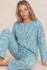 Kadın Desenli Uzun Kollu Mint Yeşili Pijama Takımı 4760