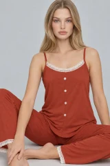 Kadın Dantelli V Yaka Kırmızı Pijama Takımı 4744