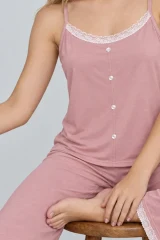 Kadın Dantelli V Yaka Pembe Pijama Takımı 4741