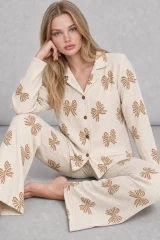 Kadın Uzun Kol Rahat Krem Pijama Takımı 4759