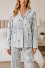 Kadın Casual Esnek Bol Mavi Pijama Takımı 4671