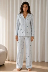 Kadın Desenli Basic Kış Mavi Pijama Takımı