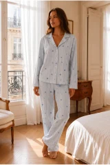 Kadın Relax Fit Düğme Mavi Pijama Takımı