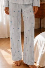 Kadın Relax Fit Düğme Mavi Pijama Takımı