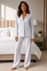 Kadın Uzun Kol Pamuklu Mavi Pijama Takımı