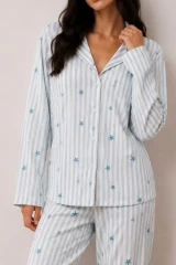 Kadın Düğmeli Kışlık Ev Mavi Pijama Takımı