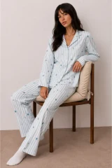 Kadın Düğmeli Kışlık Ev Mavi Pijama Takımı