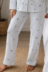Kadın Örme Gömlek Yaka Mavi Pijama Takımı