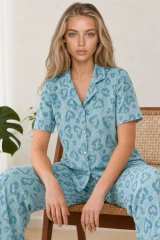 Kadın Kısa Kol Desenli Mint Yeşili Pijama Takımı 4740