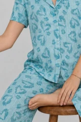 Kadın Kısa Kol Desenli Mint Yeşili Pijama Takımı 4740