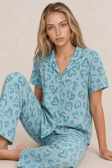Kadın Kısa Kol Desenli Mint Yeşili Pijama Takımı 4740