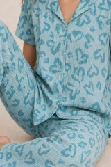 Kadın Kısa Kol Desenli Mint Yeşili Pijama Takımı 4740