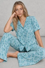 Kadın Kısa Kol Desenli Mint Yeşili Pijama Takımı 4740