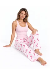 Kadın Çizgili Bluz Desenli Askılı Pembe Pijama Takımı