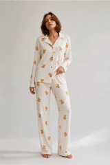 Kadın Gömlek Yaka Düğmeli Gece Giyimi Beyaz Pijama Takımı