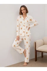 Kadın Gömlek Yakalı Uzun Kollu Beyaz Pijama Seti
