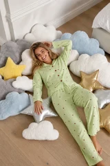 Kadın Puantiyeli Uzun Kollu Düğmeli Yeşil Pijama Takımı