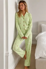 Kadın Puantiyeli Uzun Kollu Düğmeli Yeşil Pijama Takımı