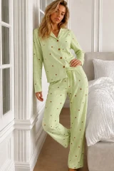 Kadın Puantiyeli Uzun Kollu Düğmeli Yeşil Pijama Takımı