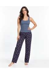 Kadın Çizgili Bluz Desenli Askılı Gri Pijama Takımı