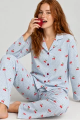 Kadın Kiraz Desenli Pötikare Mavi Pijama Takımı 4792